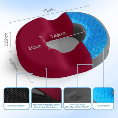 Donut Pillow Seat Cushion, Cooling Gel Memory Foam Chair Cushion, Red - color: Red, size: Large
