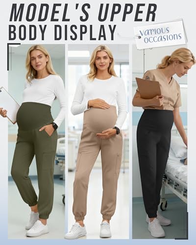 3 Pack Maternity Scrub Cargo Jogger Pants - color: Black, Army Green, Khaki, size: X-Large