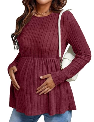 Maternity Shirts Dressy Long Sleeve Pregnancy Fall Tops Work Blouses - color: Wine Red, size: XX-Large