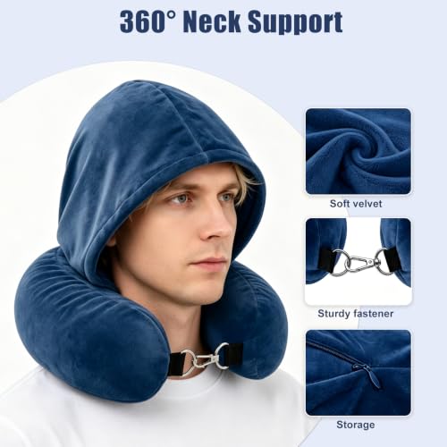 Stuffable Travel Neck Pillow with Hood, Soft Velvet Fabric,Blue - size: Type F
