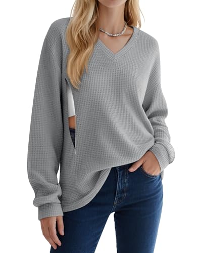 Women’s Waffle Knit Nursing Shirts Regular Fit - color: Light Gray, size: X-Large