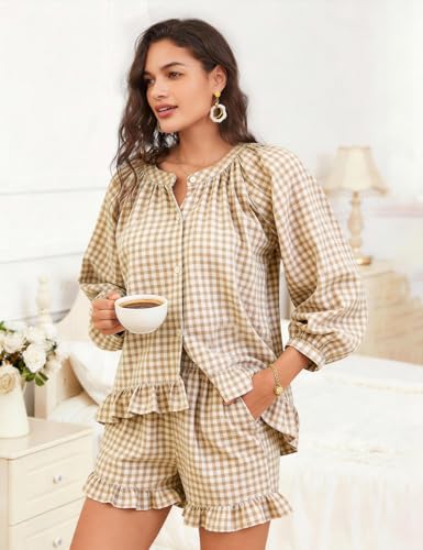 Flygo Womens Gingham 2 Piece Pajama Sets Y2K Cotton Ruffle Short Sets - color: Brown, size: X-Small