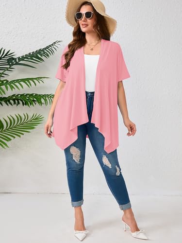 AusLook Women's Plus Size Short Sleeve Cardigan Sweater with Pockets 1X-5X - color: K09-pink, size: 3X