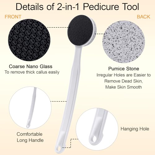 Nano Glass and Pumice Stone for Feet Callus Remover Long Handle 13.7", Double Sided Foot File, Durable Foot Scrubber Pedicure Tool for Hard & Dead Skin Remover, Soft and Smooth Feet, White - color: White