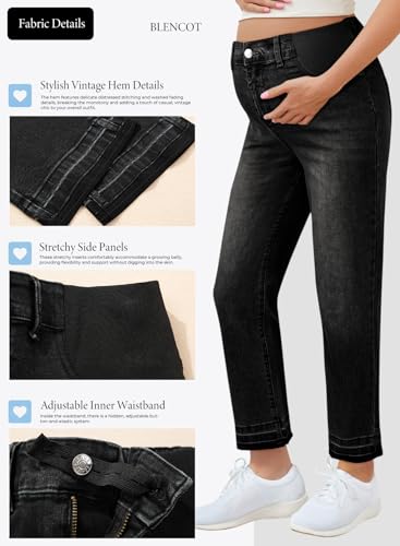BLENCOT Women Maternity Pants High Waisted Straight Leg Ankle Jeans - color: Black, size: Medium