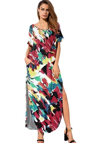 GRECERELLE Women's Summer Maxi Dress Casual Loose V Neck Short Sleeve Side Split Long Dresses with Functional Pockets - color: White Ink Red, size: Medium