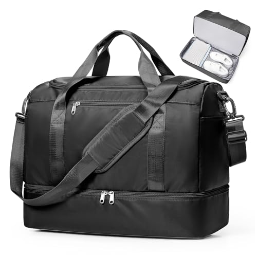 Travel Duffel Bag,Carry-On Overnight Weekender Bags with Shoes Compartment - color: Black, size: Small