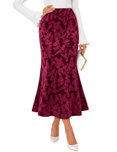 MEROKEETY Women's Fall Floral Velvet Maxi Skirt - color: Wine, size: Large