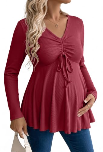 Genhoo Womens Long Sleeve Maternity Tops Ribbed V Neck Maternity Shirts - color: Wine Red, size: XX-Large