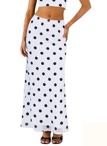 BLENCOT Womens High Waisted Long Mesh Polka Dot Maxi Skirt - color: Dot White, size: Small