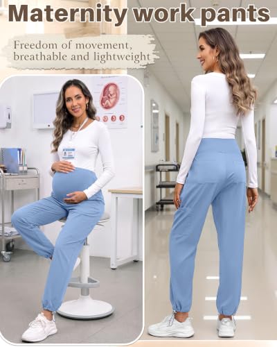 Locoowai 3 Pack Women's Maternity Jogger Scrub Pants with Pocket - color: Light Blue, Light Blue, Light Blue, size: Medium
