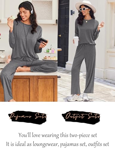 Ekouaer Lounge Sets for Women Long Sleeve Pajamas Fall Loungewear - color: Dark Gray, size: Medium