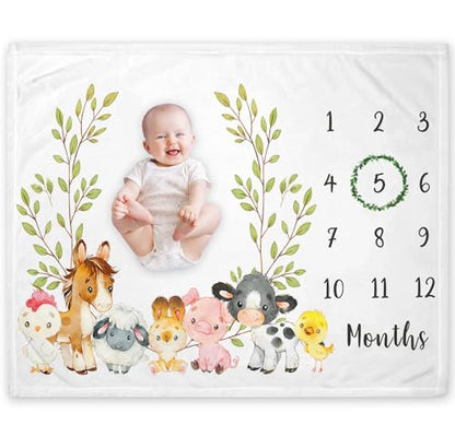 Farm Animals Milestone Blanket, Farm Baby Growth Chart Monthly Blanket