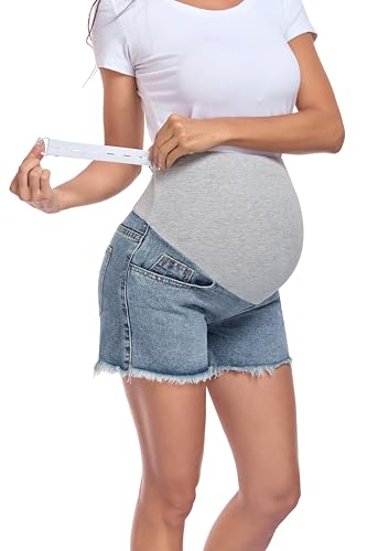 Summer Maternity Denim Shorts Adjustable High Waist Belly Panel Pregnancy Shorts with Pockets - size: Large