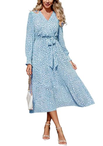PRETTYGARDEN Womens Long Sleeve Boho Maxi Fall Floral Wedding Guest Dresses - color: Dark Blue, size: Small