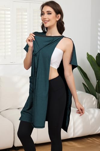 Women's Post Shoulder Surgery Tear Away Dress Short Sleeve Full Open Side Snap Adaptive Clothing with Pockets - color: Dark Green, size: Medium