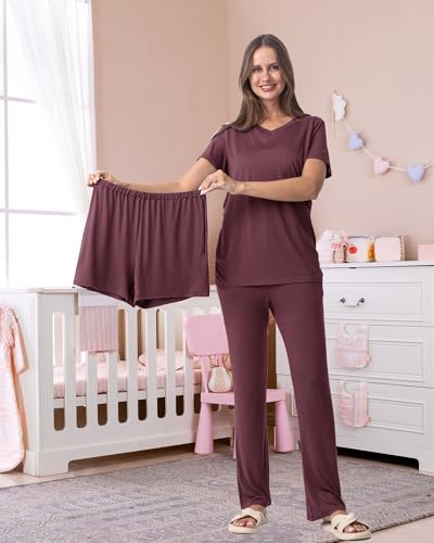Rnxrbb 3 Piece Maternity Nursing Pajamas Set for Women Postpartum Pjs - color: Dark Purple, size: Large