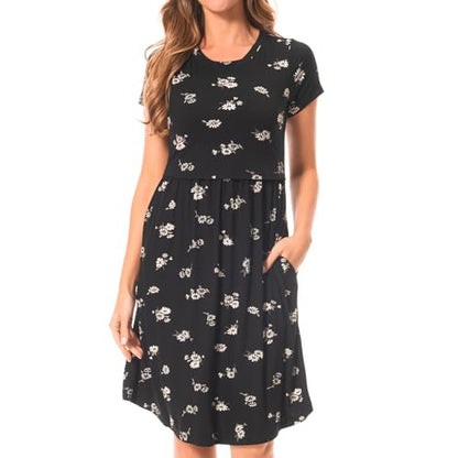 Bearsland Women's Short Sleeves Maternity Dress Nursing Breastfeeding Dresses with Pockets - color: Blackwhitef, size: Medium