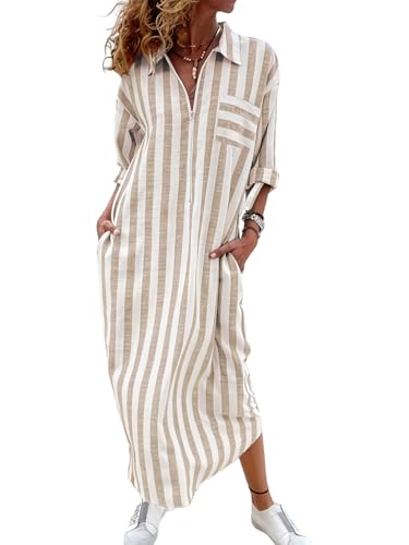 utcoco Womens Casual Striped 1/4 Zipper Maxi Shirt Dresses Rolled Up Sleeve Beach Vacation Boho Shift Dress - color: Khaki, size: Medium