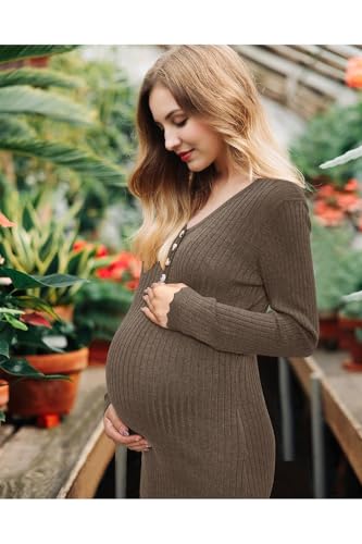 OUGES Women's Wool Blend Maternity Sweater Dress Fall Baby Shower Dress - color: Coffee, size: Small