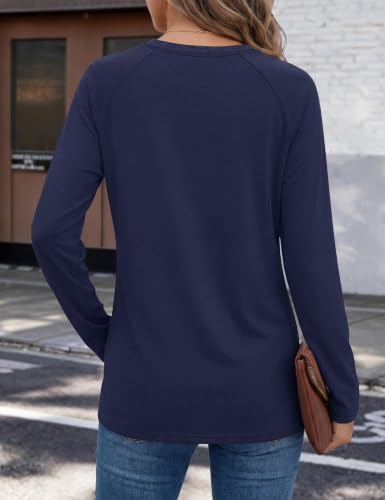 YUCOLEN Women's Long Sleeve Shirts Crew Neck Casual Cotton Basic Tee - color: Blue, size: X-Large