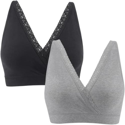 Wireless Cotton Nursing Bra for Sleep& Maternity, Pregnancy Breastfeeding Top, Adjustable Straps, Full Coverage - color: Black+grey/2pack, size: X-Large