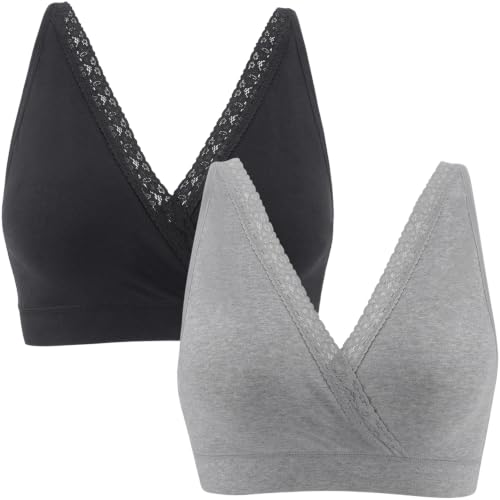 Wireless Cotton Nursing Bra for Sleep& Maternity, Pregnancy Breastfeeding Top, Adjustable Straps, Full Coverage - color: Black+grey/2pack, size: Large