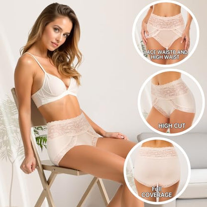 Womens High Waist Underwear Nylon Lace Panties Soft Breathable Ladies Hipster Panty Full Coverage Briefs 4 Pack