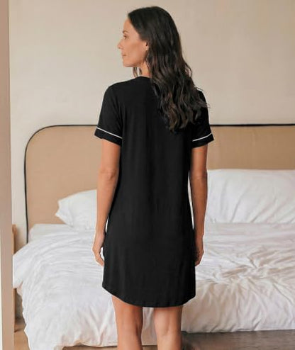 GYS Bamboo Viscose Nightgowns for Women Soft Button Down Sleep Shirt - color: Black, size: Medium