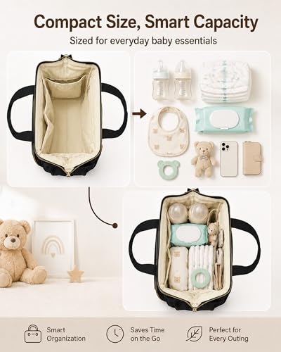 FHELAD HELAD Small Diaper Bag Backpack, 4 in 1 Mini Baby Bag for Short Trip - color: Black