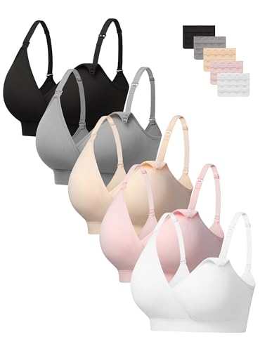 HBselect Nursing Bras for Breastfeeding, Seamless Maternity Bra Wireless - color: B: 5 Pack(black/Grey/White/Beige/Pink), size: XX-Large