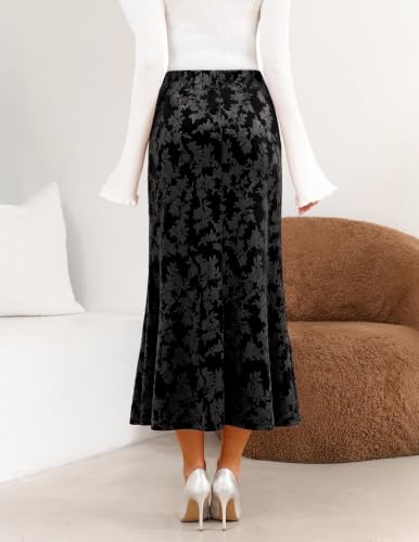 MEROKEETY Women's Fall Floral Velvet Maxi Skirt - color: Black, size: Medium