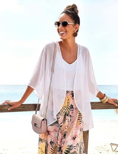 BB&KK Women's Chiffon Kimono Loose Casual Open Front Cover Ups - color: 01 White, size: Small