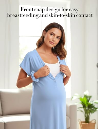 PATPAT Maternity Labor and Delivery Gown, Womens Hospital Gown with Pockets - color: Light Blue, size: Large (Fit L/XL)