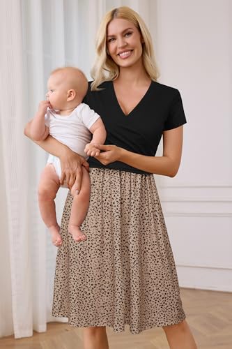 OUGES Women's Wrap V Neck Summer Casual Maternity Nursing Dress - color: Leopard, size: Small