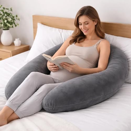 Pregnancy Pillow for Side Sleeping, 71 Inch C Shaped Long Body Pillow, Sleep Bolster Pillow, Maternity Body Pillow with Removable Cover, Soft and Supportive, Black-Gray - color: Grey