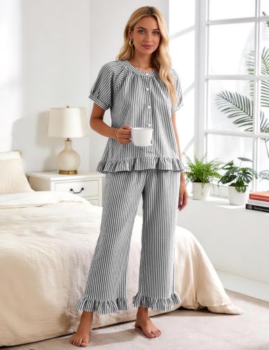 Flygo Womens Striped Pajama Sets Cotton 2 Piece Ruffle Lounge Pjs - color: Black, size: Small