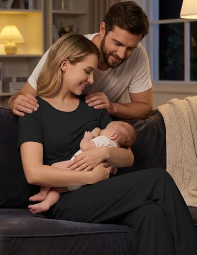 Ekouaer 3 Pack Postpartum Nursing Pajamas Breastfeeding Maternity Clothes - color: Black, size: X-Large