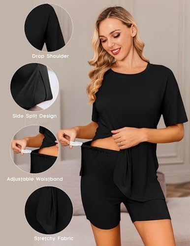 Ekouaer Maternity Sets 2 Piece Outfits Summer Caual Pregnancy Loungewear - color: Black, size: Small