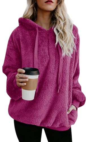 ReachMe Womens Oversized Sherpa Hoodie Pullover Fleece Sweatshirt - color: A Fuchsia, size: Medium