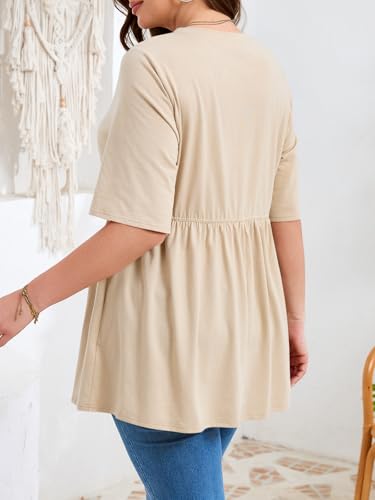 Beautife Womens Plus Size Babydoll Tops Summer Peplum Flowy Tunic Blouses - color: Khaki, size: 3X-Large Plus