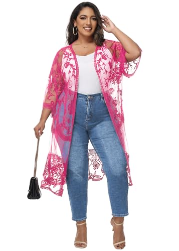 Anna-Kaci Women's Plus Size Lace Cardigan Embroidered Long Kimono Dusters with Half Sleeves - color: Rose, size: X-Large-XX-Large