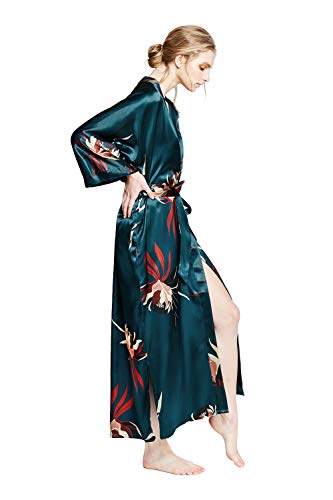 OLDSHANGHAI Satin Long Kimono Robe for Women - color: Hana - Teal
