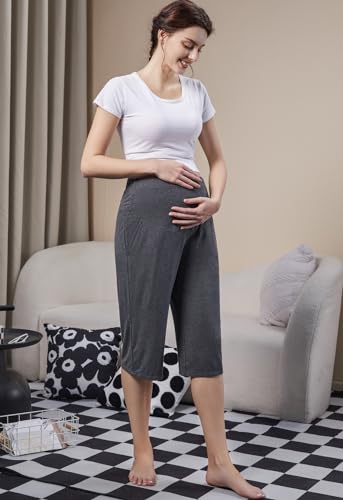 Maternity Lounge Capri Pants, Maternity Cropped Capri Pregnancy, Light Relaxed Soft Touch Trousers with Pockets - color: Grey, size: Medium