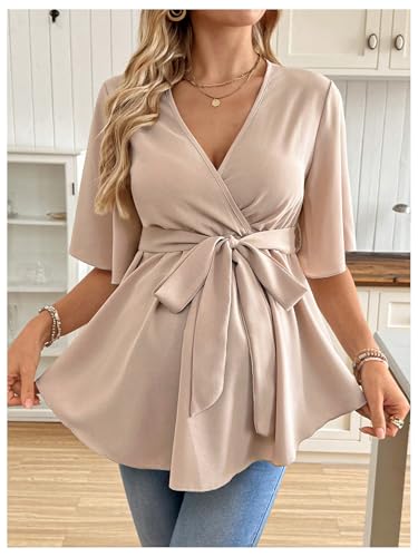 MakeMeChic Women's Maternity Nursing Blouse Wrap Belted Pregnancy Shirt - color: Apricot, size: Medium