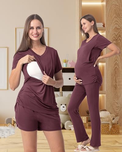 Rnxrbb 3 Piece Maternity Nursing Pajamas Set for Women Postpartum Pjs - color: Dark Purple, size: Large