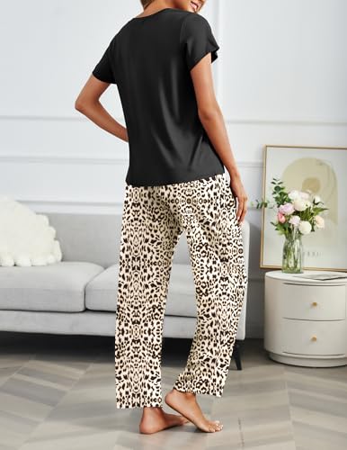 Ekouaer 2 Pack Womens Pajama Set Short Sleeve Top and Printed Pants Soft Pj - color: Black Striped/Black Leopard, size: Small