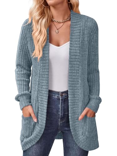 DB MOON Womens Long Cardigan Sweater Lightweight Open Front Long Sleeve Outfits with Pockets - color: Blue, size: Medium