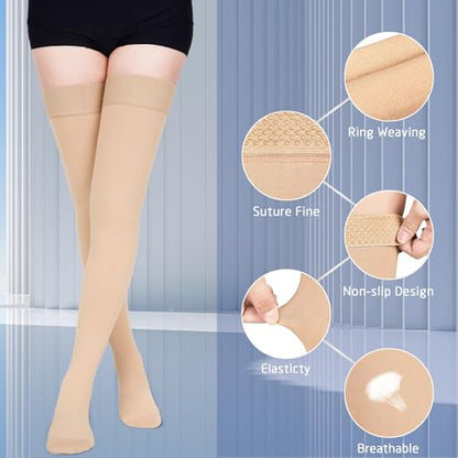 Thigh High Compression Socks for Women & Men 15-20 mmHg, Stockings - color: Beige/Closed Toe, size: X-Large