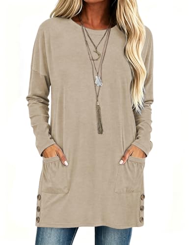 Poetsky Womens Tunic Tops for Leggings with Pockets Side Buttons Batwing Long Sleeve Casual Long Tee Shrits Fall Clothes - color: Apricot, size: X-Large
